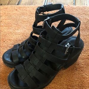 Black Chunky Heel Multiple Straps Women's Leather